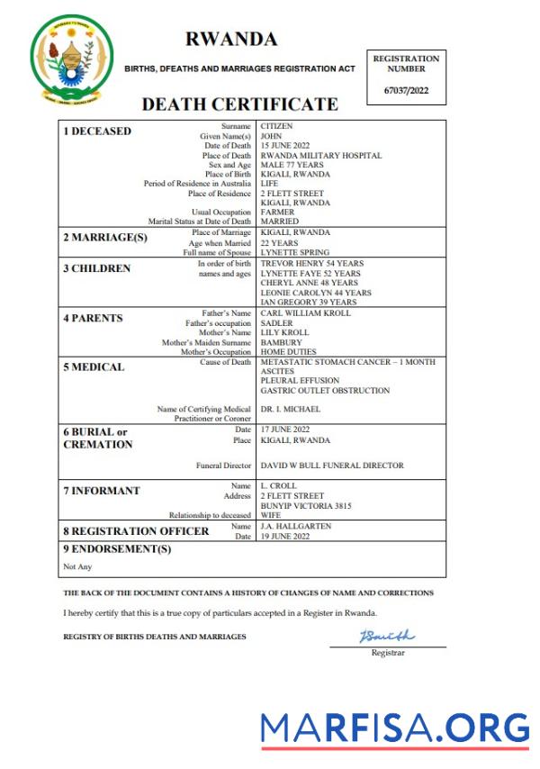 Downloadable Rwanda vital record death certificate Word and PDF template